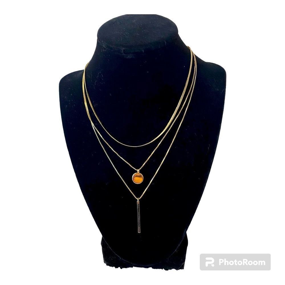Gold Plated 3 Layer Vertical Drop Bar, Disk & Single Chain Necklace